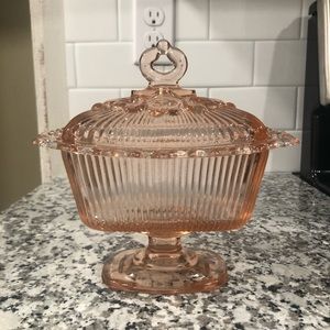 Vintage pink depression glass candy dish